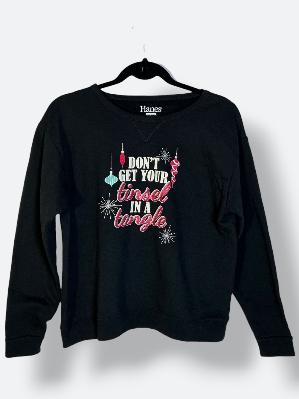 Christmas Sweatshirt Holiday Tinsel in a Tangle Graphic Crew Long Sleeve Large